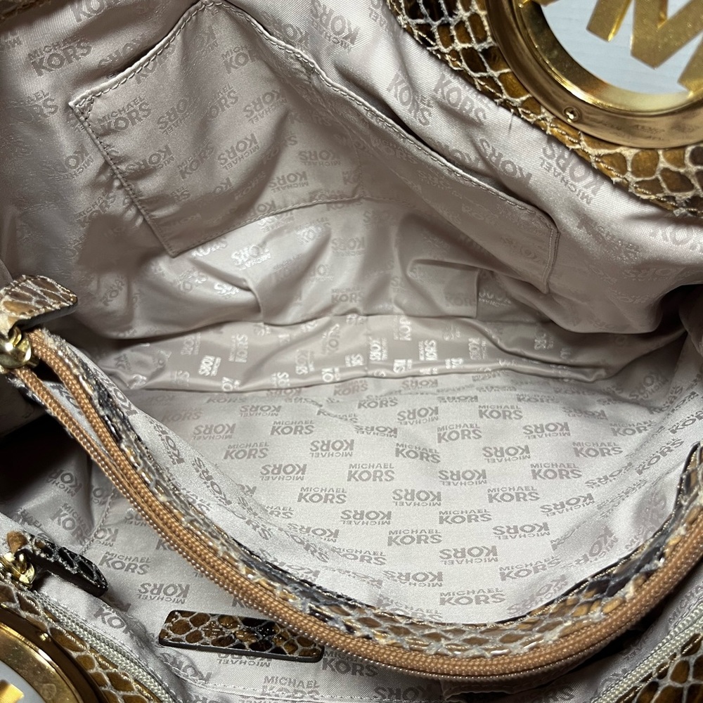 Michael Kors - Python Embossed Leather Shoulder Bag - Gray/Tan - Picture 8 of 10
